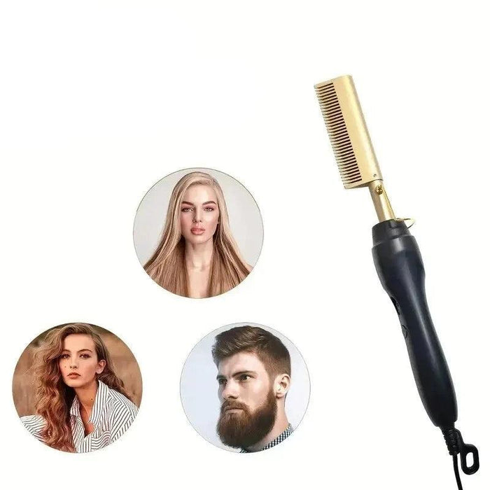 The electric hair straightening comb next to images of different hairstyles, including long straight hair, wavy hair, and a beard.