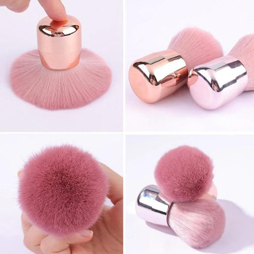 close-up views of a pink, fluffy makeup brush with a metallic rose gold handle, highlighting its dense bristles from various angles.