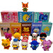 The image shows 11 block-style toy figures with their respective packaging boxes displayed behind them.