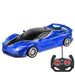 A sleek, blue sports car with black accents and an accompanying remote control.