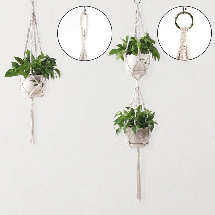 Two hanging macrame plant holders against a white wall, each with a green plant in a white pot. Inset images show close-ups of the macrame loops and metal rings used for hanging.