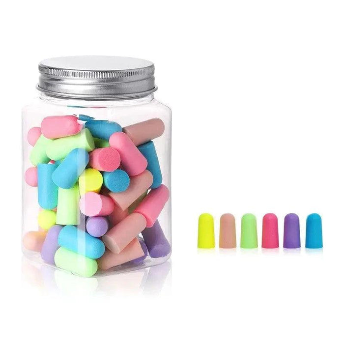 A jar filled with Mixed-color earplugs. With 6 colorful earplugs beside it.