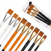 Set of artist paintbrushes with orange bristles and varying handle colors (white, orange, black) displayed both individually and in packaging.