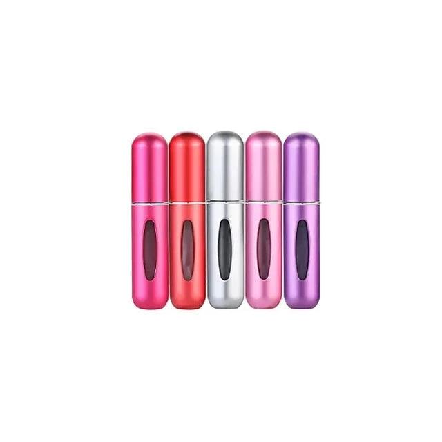 Five portable perfume spray bottles in pink, red, silver, pink, and purple, arranged in a row.