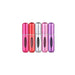 Five portable perfume spray bottles in pink, red, silver, pink, and purple, arranged in a row.