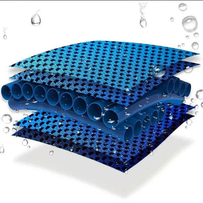 A cross-sectional diagram of the cooling fabric, showing its layered structure with tubes or channels that likely allow air circulation or moisture wicking, contributing to its cooling effect. The fabric appears to be made of a mesh material, designed to be breathable and efficient in managing heat and moisture.