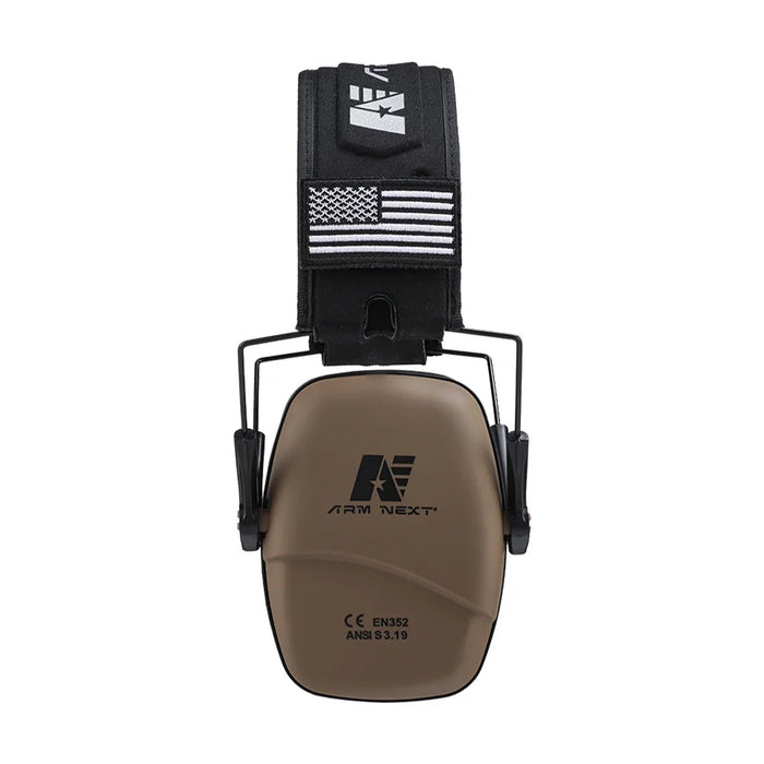 Front view of tan Arm Next earmuffs with a focus on the branded headband and durable construction.