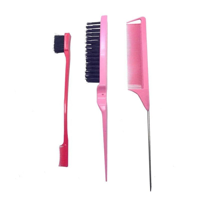 Three combs: a small pink brush, a pink fine-tooth comb with a metal handle, and a pink multi-tooth hairbrush.