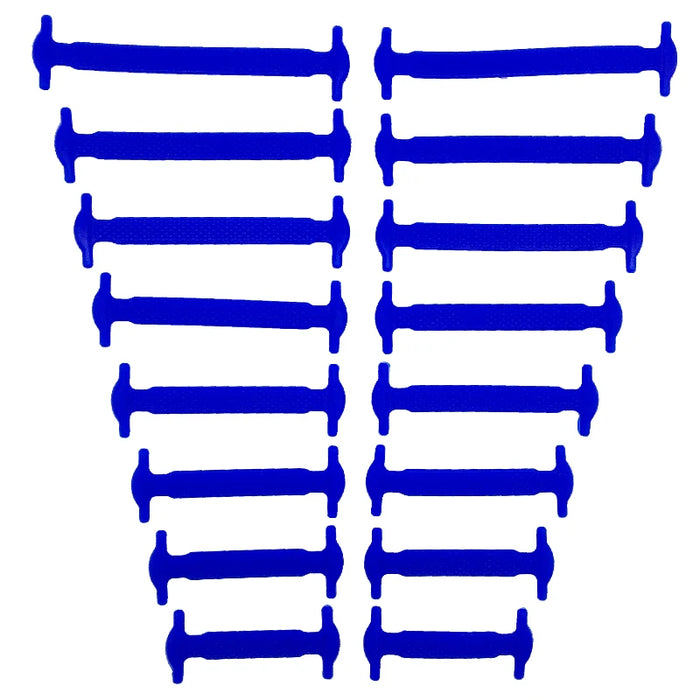 Sixteen silicone shoelaces in different sizes and blue color, neatly organized in pairs on a white background.