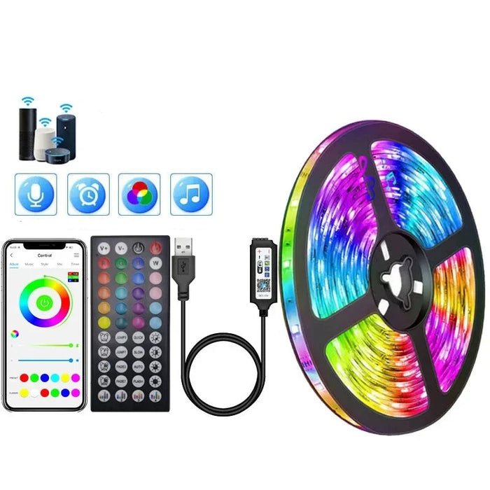 A roll of LED strip lights with multiple color options, a remote control, a USB cable, and a smartphone displaying a control app. The setup suggests various modes and features such as music sync and color customization.