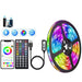 A roll of LED strip lights with multiple color options, a remote control, a USB cable, and a smartphone displaying a control app. The setup suggests various modes and features such as music sync and color customization.