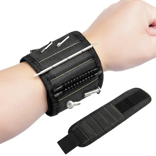 Magnetic wristband with screws and drill bits.