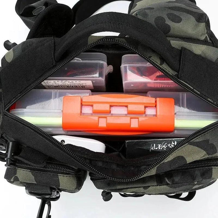 The interior of the bag is shown, packed with various fishing gear like tackle boxes and tools. The spacious compartments are organized to ensure easy access and safe storage of equipment.