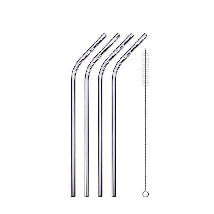 Set of four bent metal straws with a cleaning brush.