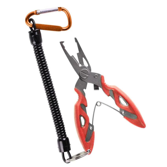 A pair of red fishing pliers with a coiled lanyard attached to a orange carabiner, designed for easy access and securing the tool.