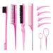 Set of pink hair styling tools including a small brush, a fine-tooth comb, a wide-tooth comb, a multi-tooth hairbrush, hair clips, and loop tools.