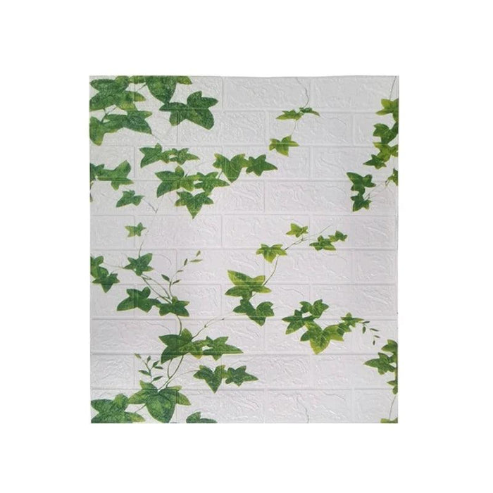 A white wall panel with green ivy vine designs.