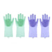 Two pairs of green and purple silicone cleaning gloves with rubber bristles on the palms and fingers, displayed against a white background.