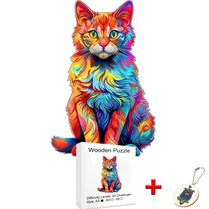 A colorful wooden puzzle of a cat with vivid, swirling patterns, presented with an A4 size box and a keychain.