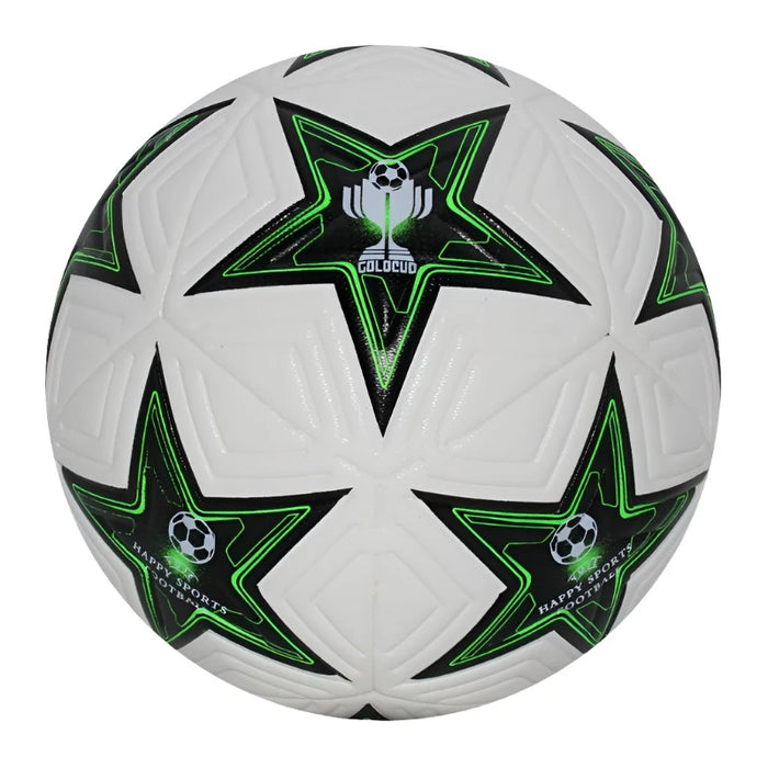 A white soccer ball featuring green and black star-shaped designs and a small soccer ball graphic with text.