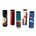 A set of five thermoses in various colors and designs: black with a crane and red flowers, red with cranes and blossoms, teal with flowers and a fan, white with a red sun and waves, and blue with cranes and waves. Each thermos has a black lid.