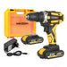 a comprehensive Yikoda cordless power drill kit. The kit includes the drill, two 21V lithium batteries, a charger, and a sturdy yellow carrying case. The drill’s yellow and black design is both functional and aesthetically pleasing, making it ideal for a variety of drilling needs.