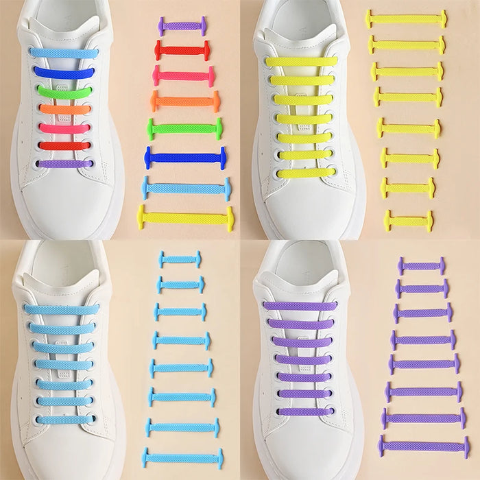 elastic no-tie shoelaces in various colors and styles. The laces are displayed both in use, threaded through shoe eyelets, and arranged beside shoes to demonstrate different color options.