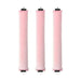 Three pink rod-shaped hair curlers in a row.