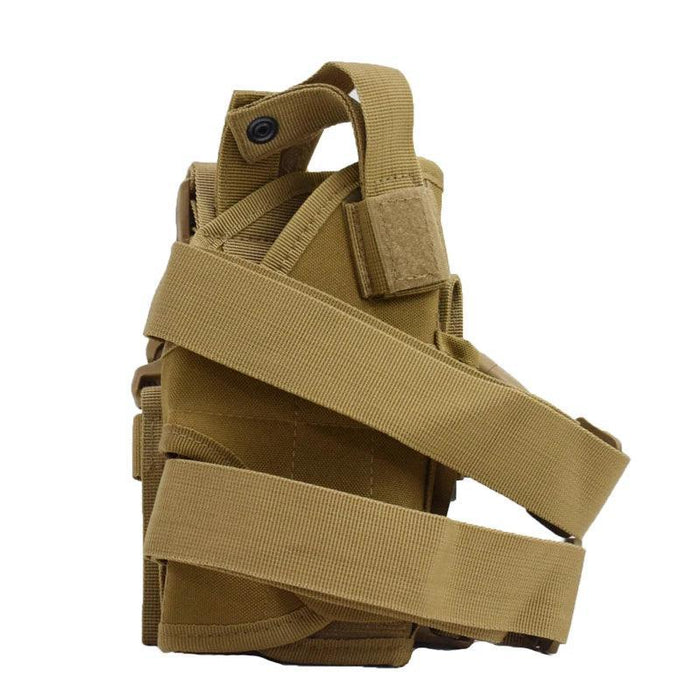 A tan tactical thigh holster with adjustable straps, shown from the side.