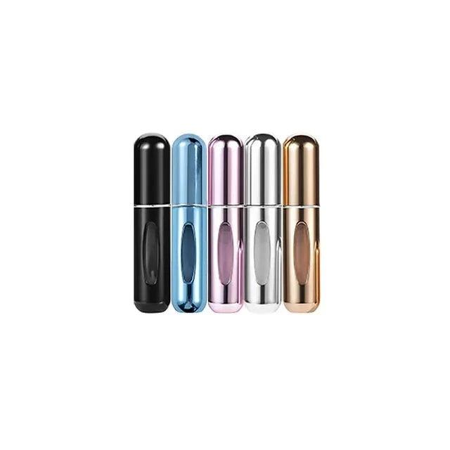 Five metallic portable perfume spray bottles in black, blue, pink, silver, and gold, arranged in a row.