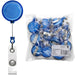 A close-up of a blue badge reel, along with a plastic bag filled with multiple blue badge reels.