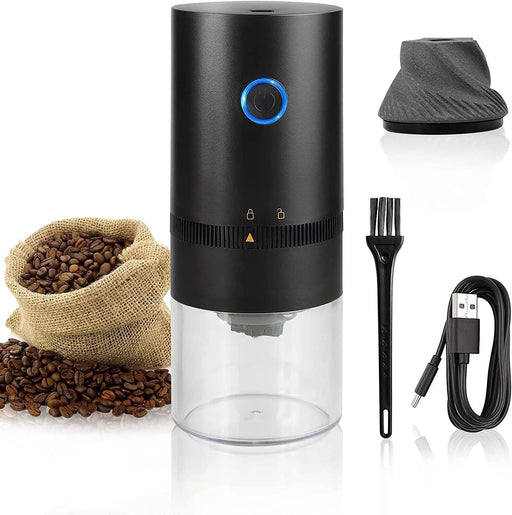 Grinder with burlap sack of coffee beans, cleaning brush, and USB cable.