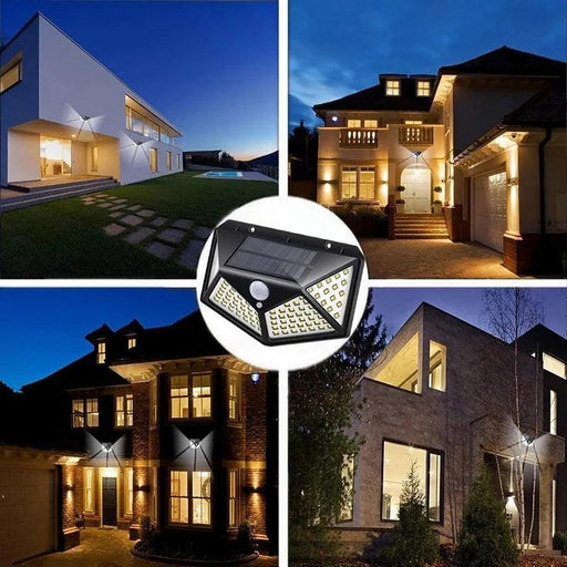 A collage showing the solar-powered motion sensor light installed on various modern houses. Each house is well-lit by the lights, illustrating their effectiveness in enhancing nighttime visibility and security.