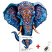 A colorful, detailed wooden puzzle of a elephant, accompanied by an A4 size box and a keychain.