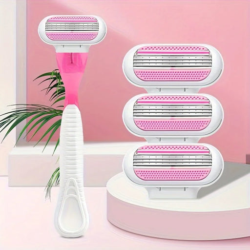 A women's razor with a white handle and pink accents, accompanied by three extra razor heads, set against a soft pink background.