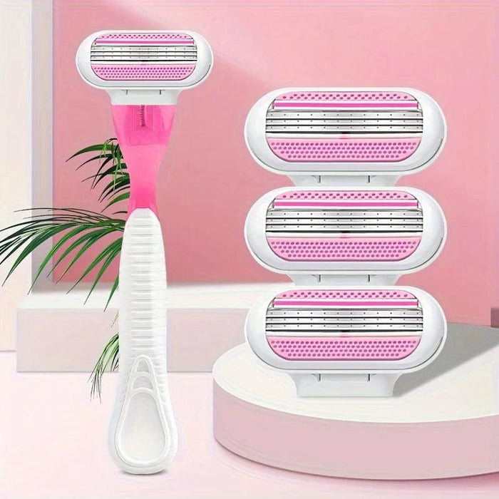 A women's razor with a white handle and pink accents, accompanied by three extra razor heads, set against a soft pink background.