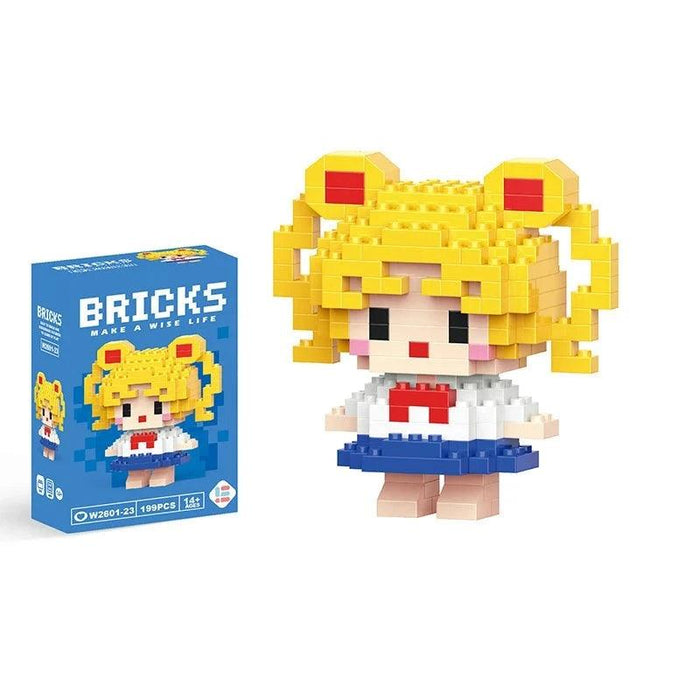 A single block-style toy figure of blonde girl, along with its blue packaging box. Display on white background.