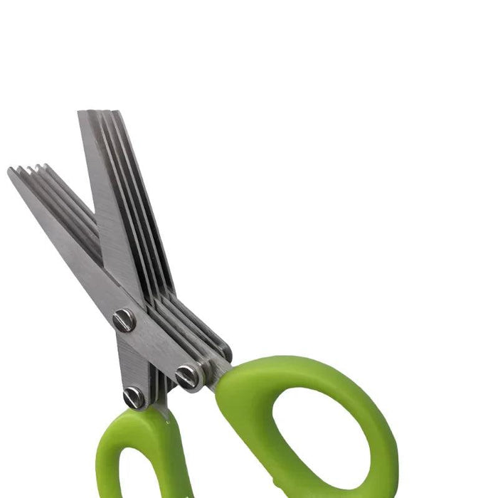 Side view of the green-handled herb scissors showcasing the multiple blades.