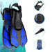 a pair of blue and black adjustable swim fins designed for snorkeling or diving, featuring a comfortable foot pocket with drainage holes, adjustable heel straps, and flexible blades for enhanced underwater propulsion.