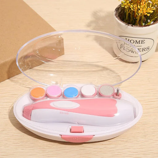  Pink baby nail trimmer set in an open oval case with five color-coded file heads.