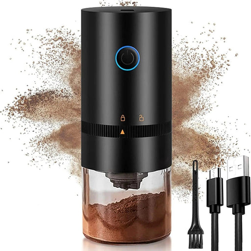 Black portable coffee grinder with a transparent container, illuminated on/off button, cleaning brush, and USB cable.