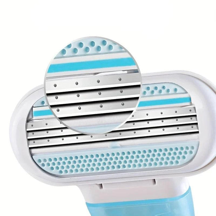 A close-up of a women's razor head with multiple blades and a blue moisture strip, highlighting its precision and smooth shaving capabilities.