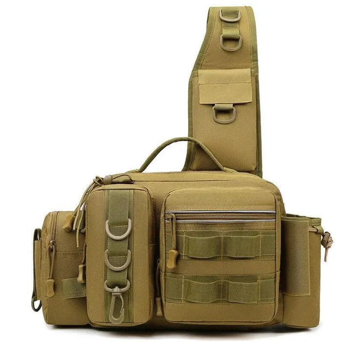 A front view of the khaki sling bag showcases its overall design, including the adjustable shoulder strap with additional pockets for smaller items. The bag’s layout and attachment points are ideal for hands-free carrying while keeping essential gear within reach.