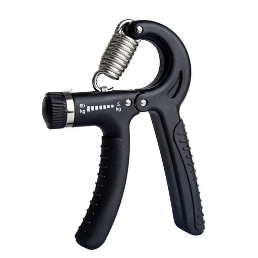 Close-up of a black adjustable hand grip strengthener with a metal spring, showing weight increments from 5 kg to 60 kg.