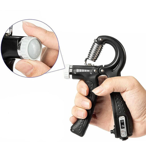 A person adjusting the dial of a black hand grip strengthener, highlighting the adjustable resistance feature.