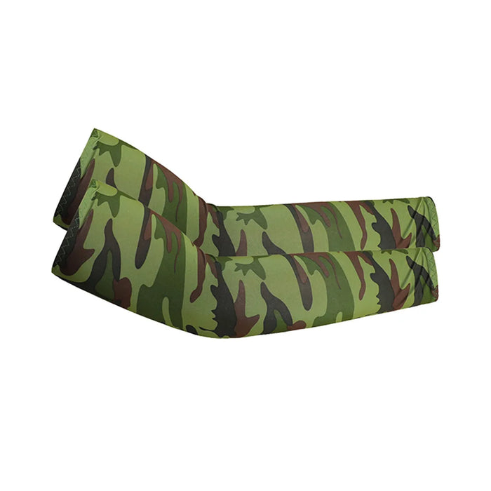 Traditional green camo arm sleeves for outdoor activities and sun protection. Display on white background.