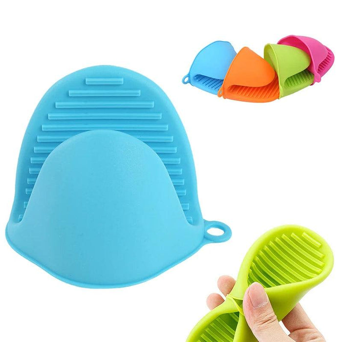 A blue silicone oven mitt with ribbed grip, alongside various colorful mitts.