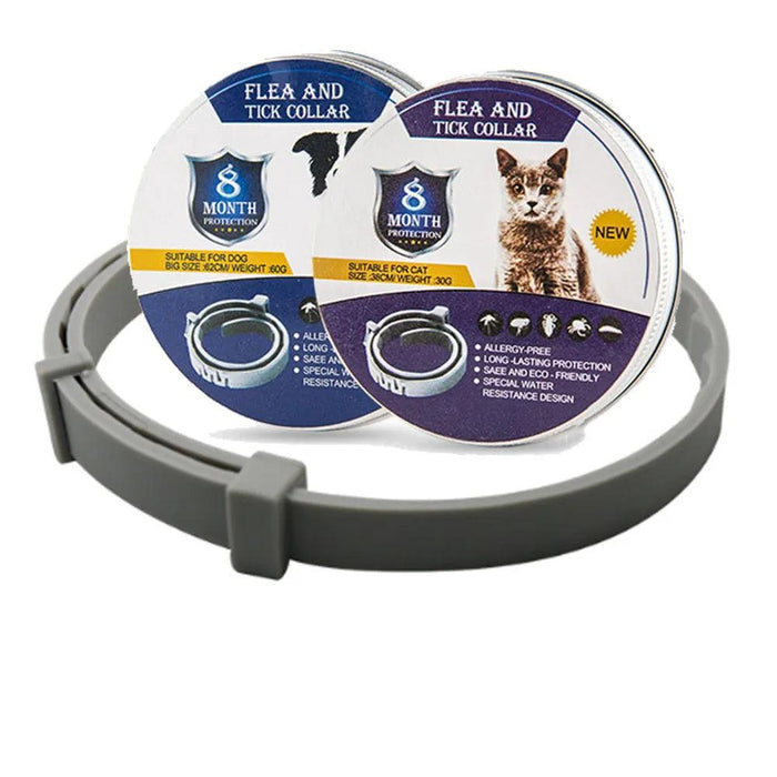 gray flea and tick collar with packaging for both cats and dogs.