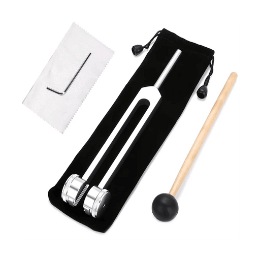 Tuning fork set with mallet and carrying case.