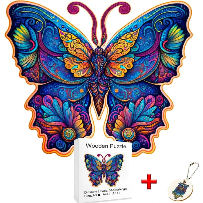 A brightly colored butterfly wooden puzzle with elaborate designs, shown with an A4 size box and a keychain.